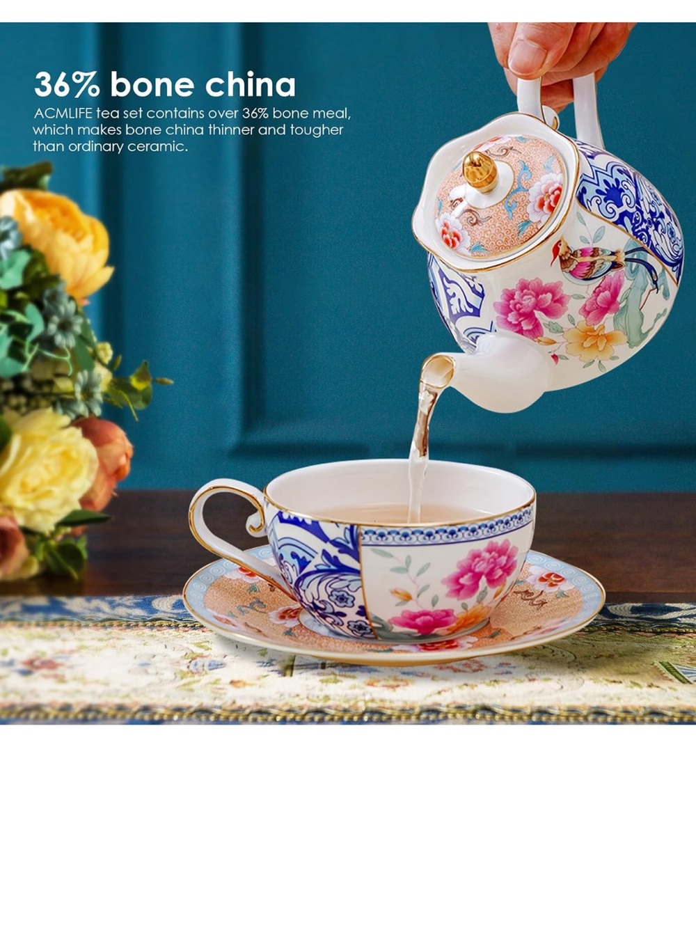 Bone China Floral Teapot and Cup Set - White with Blue & Pink Accents - Picture 1 of 4